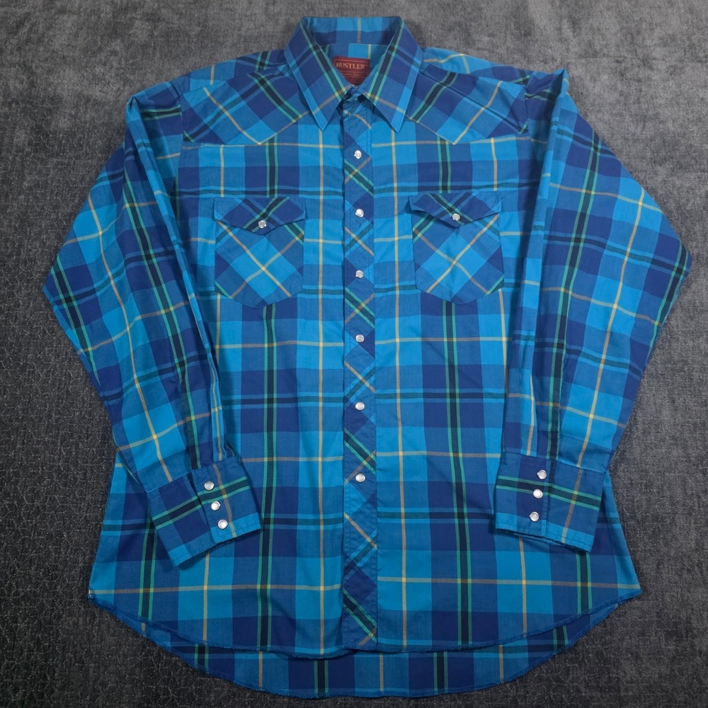 Rustler Mens Western Snap Shirt Blue Green Plaid X-Long Tails Large Cowboy L
